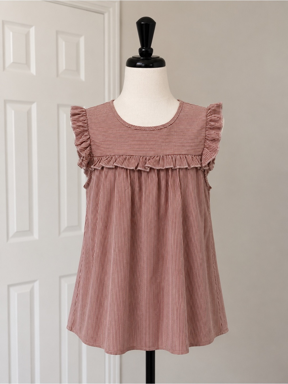 Ruffled Sleeveless Striped Tunic - Dusty Rose